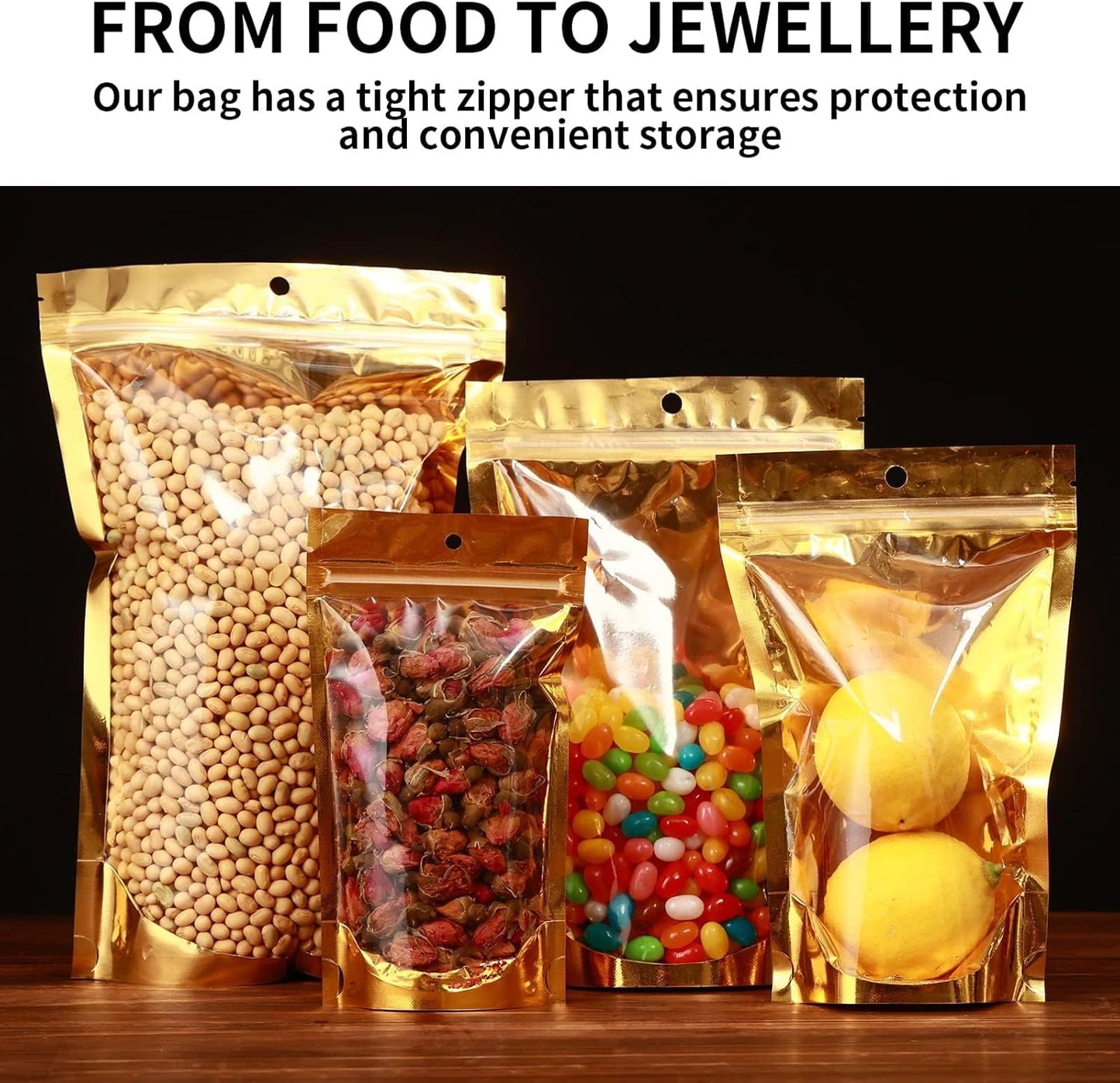 300 Pcs Mylar Bags for Food Storage 5x8 Mylar Bag with Window Stand Up Small Resealable Bags Smell Proof Bag Food Packaging for Small Business Freeze Dried Candy Jewelry Foil Packaging Gold