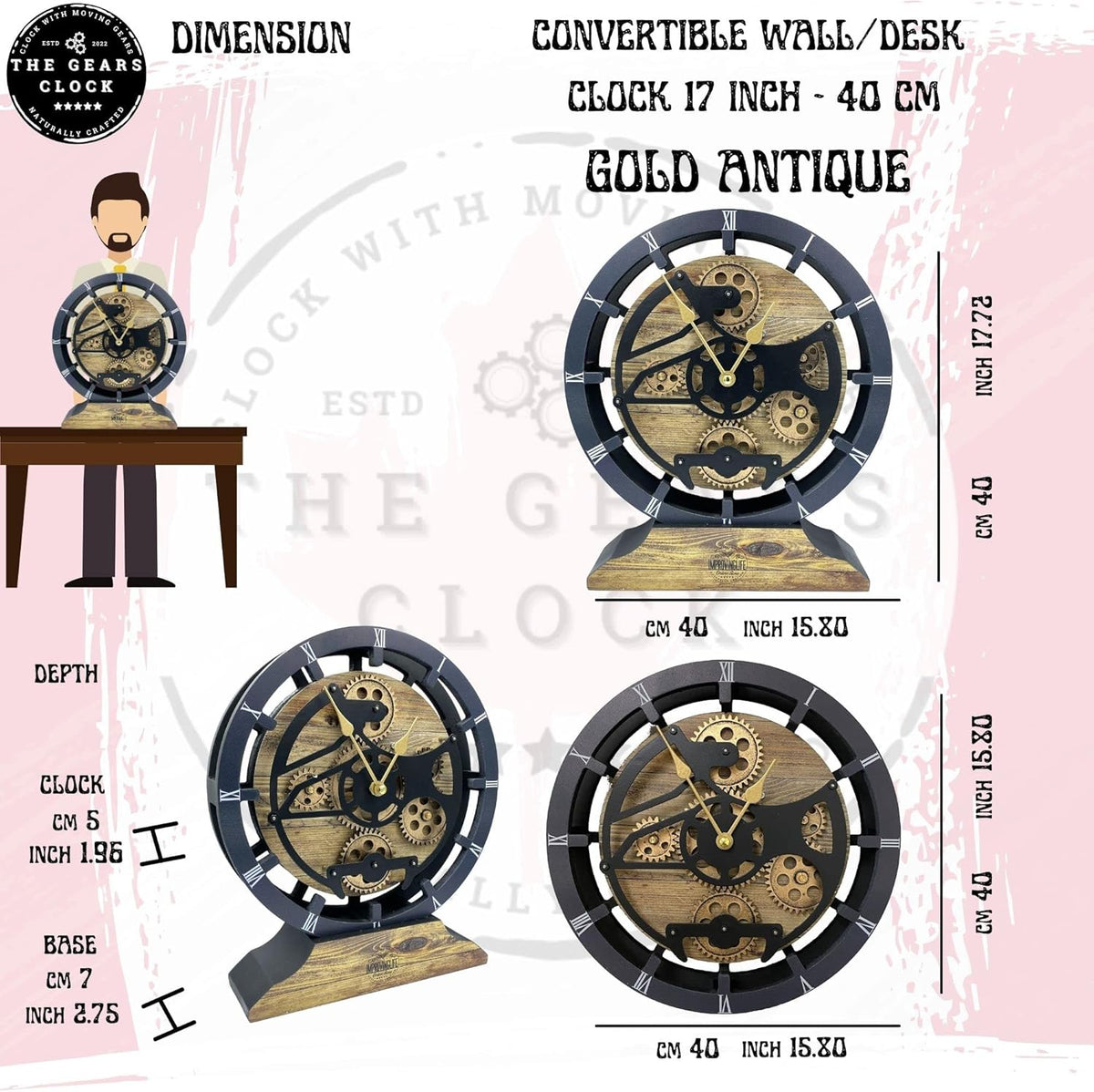 The Gears Clock 16 inches Wall Clock with Real Moving Gears Convertible into a Big Mantel Clock (Gold Antique)