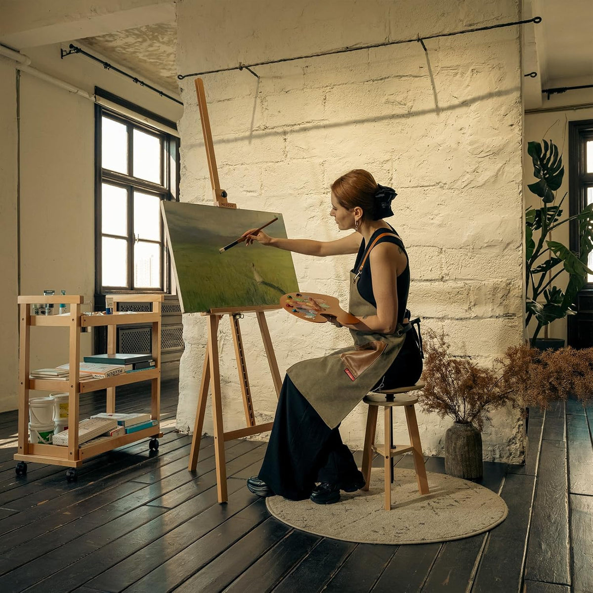 MEEDEN Painting Wooden Art Easel: Solid Beechwood Display Easel Stand Hold Canvas up to 43'' - Adjustable Easel from 57''-76" for Adults Student Studio Gallery - Natural