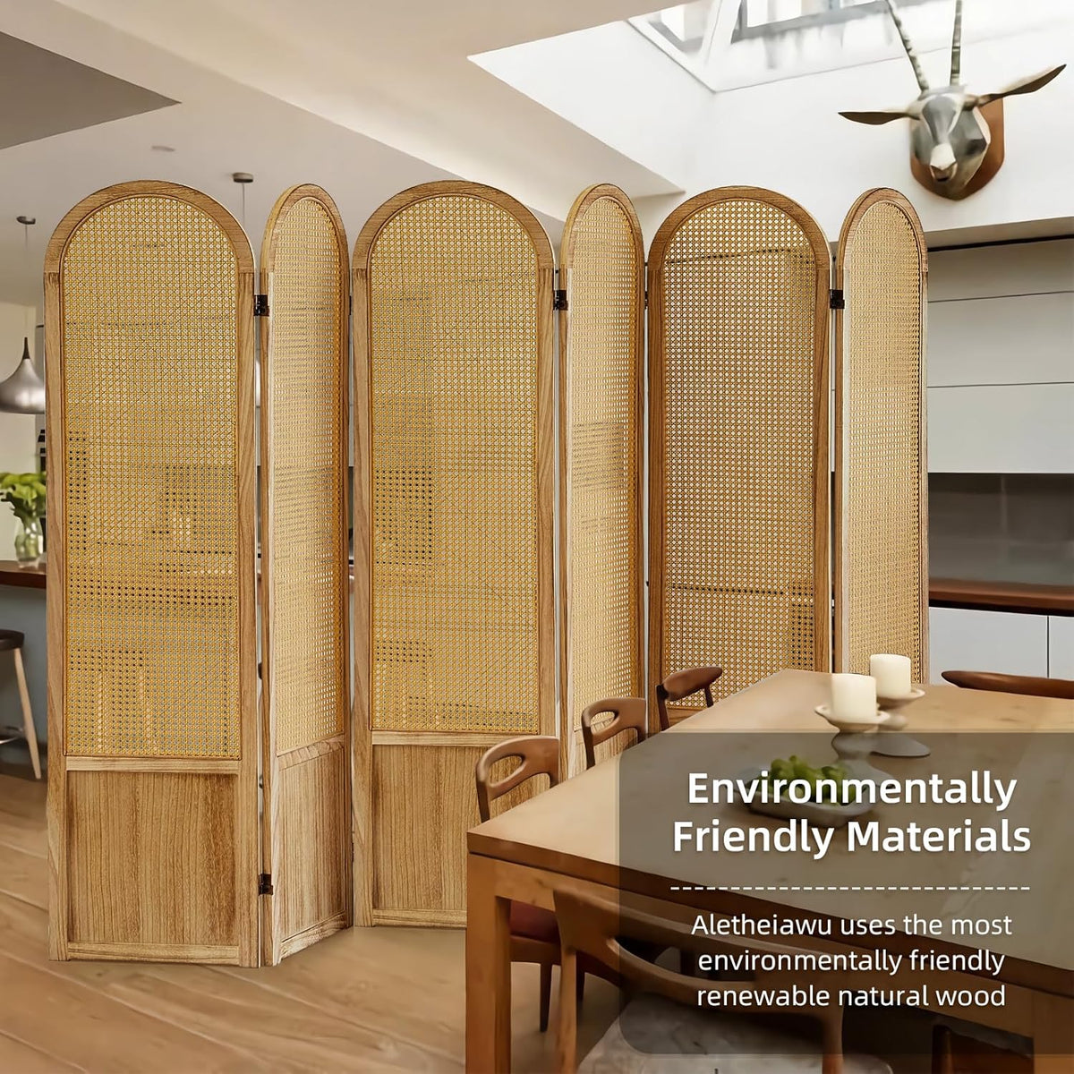 6 Panel Room Divider and Folding Privacy Screen, 5.6 Ft Foldable Double Hinged Rattan Partition, Hand-Woven Rattan Room Divider Portable Wood Freestanding Wall Divider for Room Separation - Natural