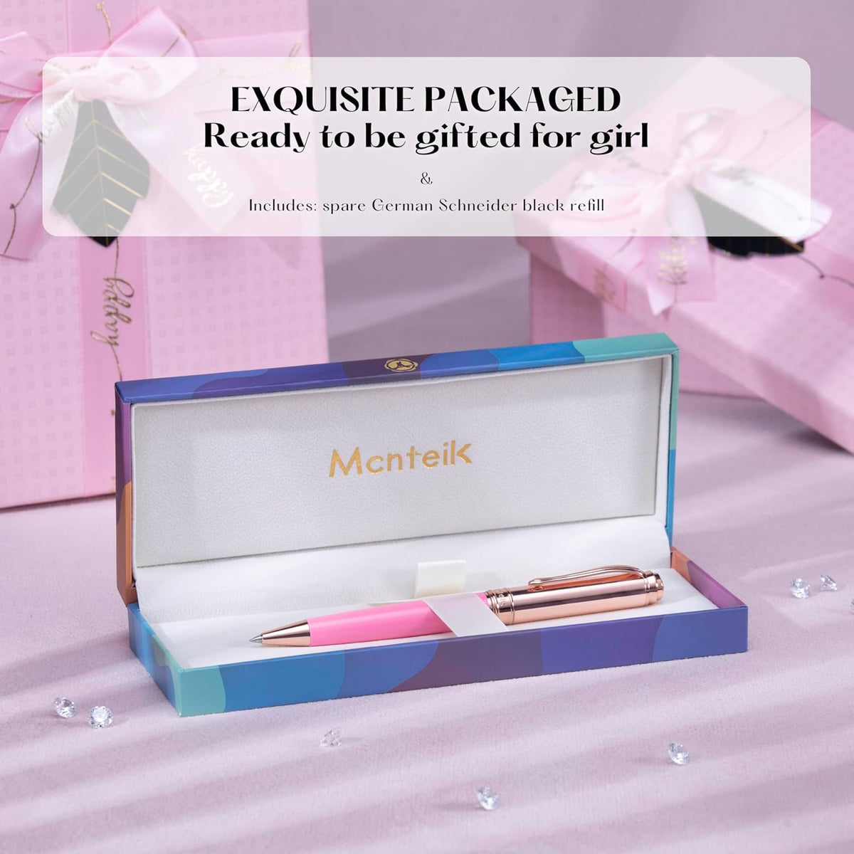 Luxury Gel Pen, Top Set With 8mm Brilliant Diamond,Vibrant Pink Pen Body,Attractive Rose Real Gold Finish, Black Refill,Elegant Gift Pen For Women, Executive, Fancy, Nice Pens