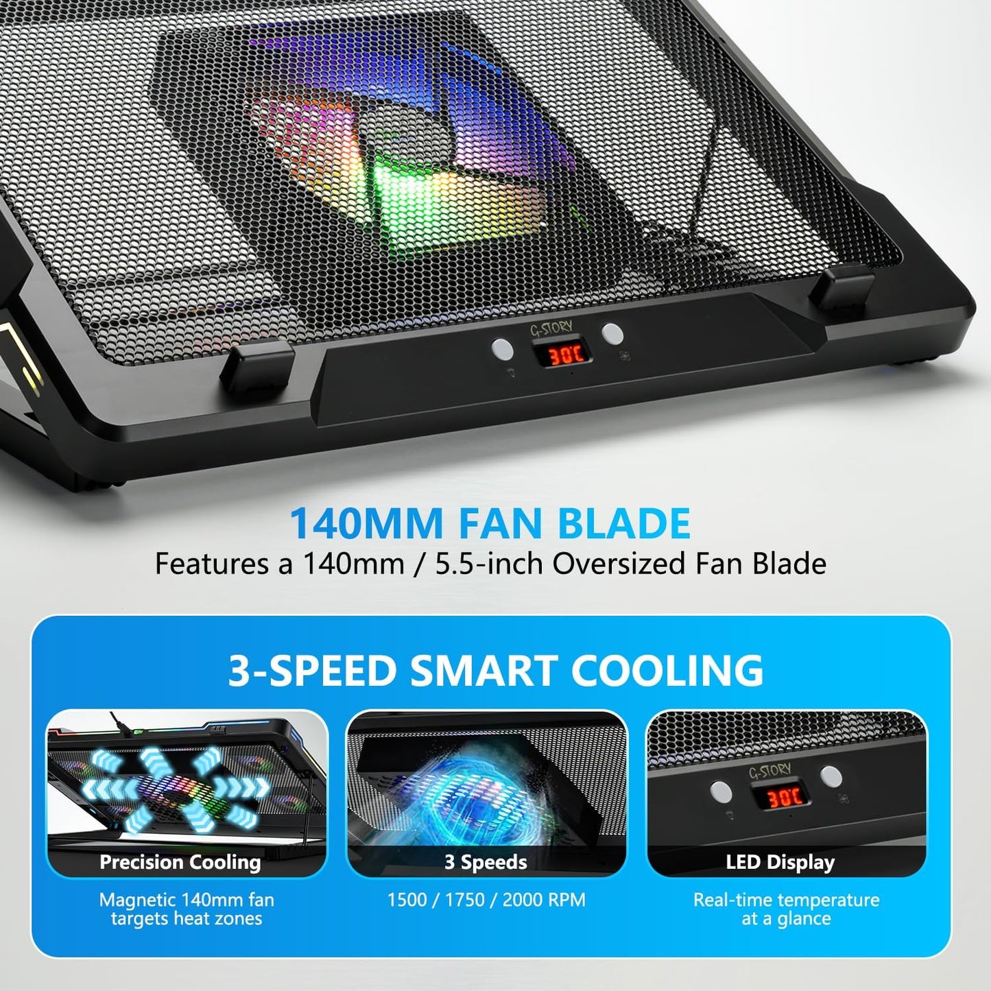 G-STORY Gaming Laptop Cooling Pad with Movable Fan and Automatic Speed Adjustable by Temperature,Music Sync RGB Light,Low Noise Laptop Cooler 3 Speed 1500/1750/2000RPM(140MM) Stand 12â18" Notebook