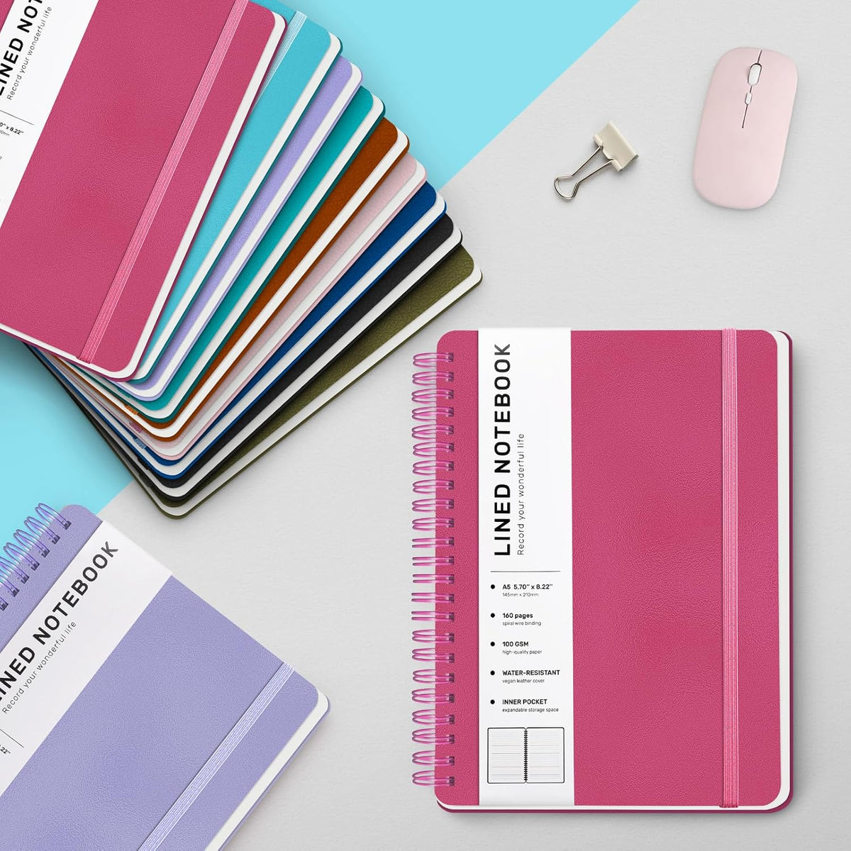 Lined Spiral Journal Notebook, A5 Hardcover Leather Notebook for Work, 5.7''Γ8.2'', 100GSM Thick Paper Spiral Bound Journaling Notebooks for Women & Men Office School Note Taking Business, Rose Red