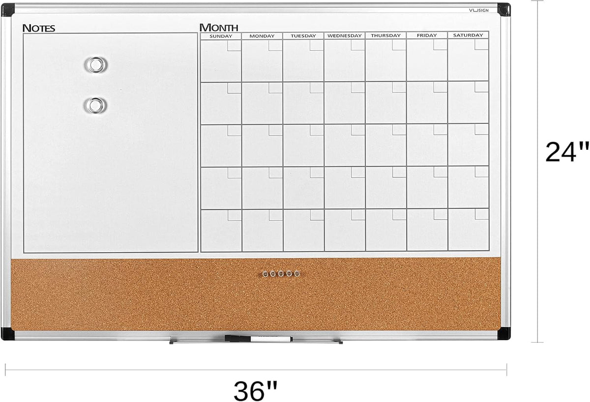 VUSIGN Monthly Calendar Whiteboard Dry Erase Cork Board Combo, 24" x 36" Planning Board, Silver Aluminium Frame