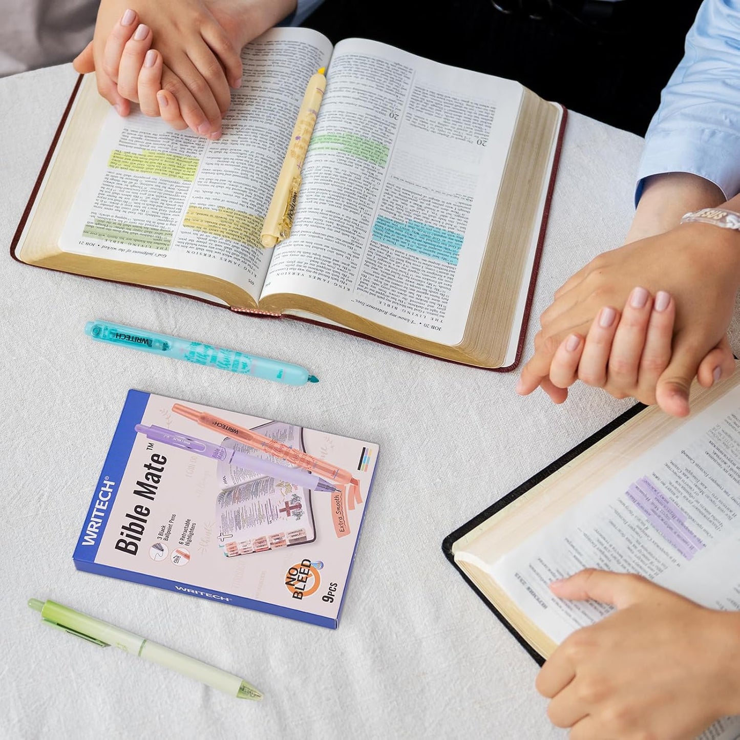 WRITECH Bible Mate Journaling Set: No Bleed Bible Highlighters & 0.7mm Black Ink Ballpoint Pens, Fast-Drying Ink, Pastel Colors Highlighter, Journaling Kit, 9ct