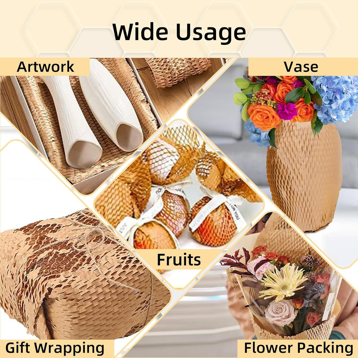 Honeycomb Packing Paper 15"x230' Roll with Fragile & Labeling Stickers, Gloves - Bubble Wrap for Moving,Products & Gifts Wrapping Paper, Recyclable & Biodegradable Cushioning Packing Material.