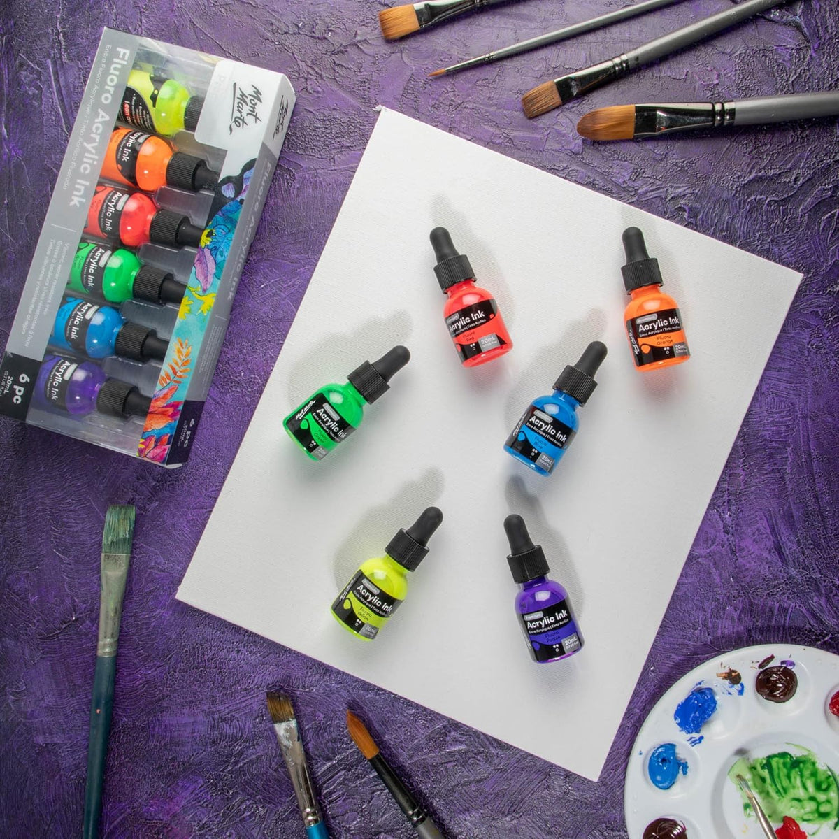 Mont Marte Acrylic Ink Premium 6pc x 20ml (0.7 US fl.oz), Acrylic Inks for Artists, Fluoro Colors, Ideal for Air Brush, Pouring Art, Scrapbooking, Ink Drawing, Mixed Media