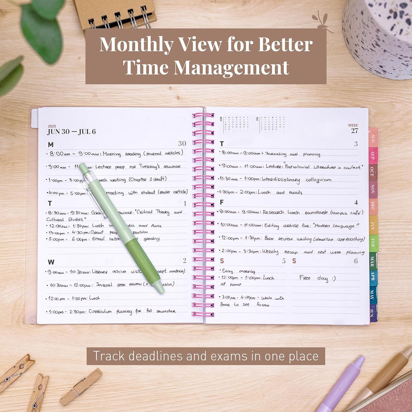 Rileys Academic Planner 2025-2026, Daily, Weekly & Monthly Planner, July 2025 - June 2026, Student Notes Pages, Twin-Wire Binding, Weekly Agenda for School & Work (8 x 6-Inches, Pink)