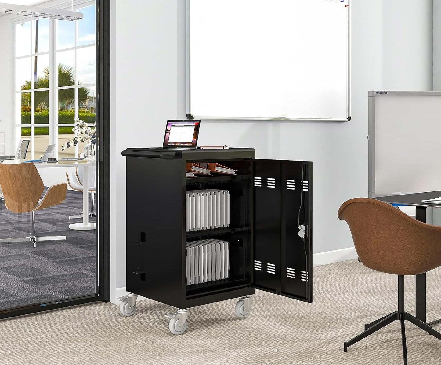 32 Device Charging Cart, Laptop and Tablet Storage Cart, Holds Up to 16.3" with Cord Management, Front and Rear Access Locking, Desktop Charging and Storage Cabinet for Classroom or Office.Black