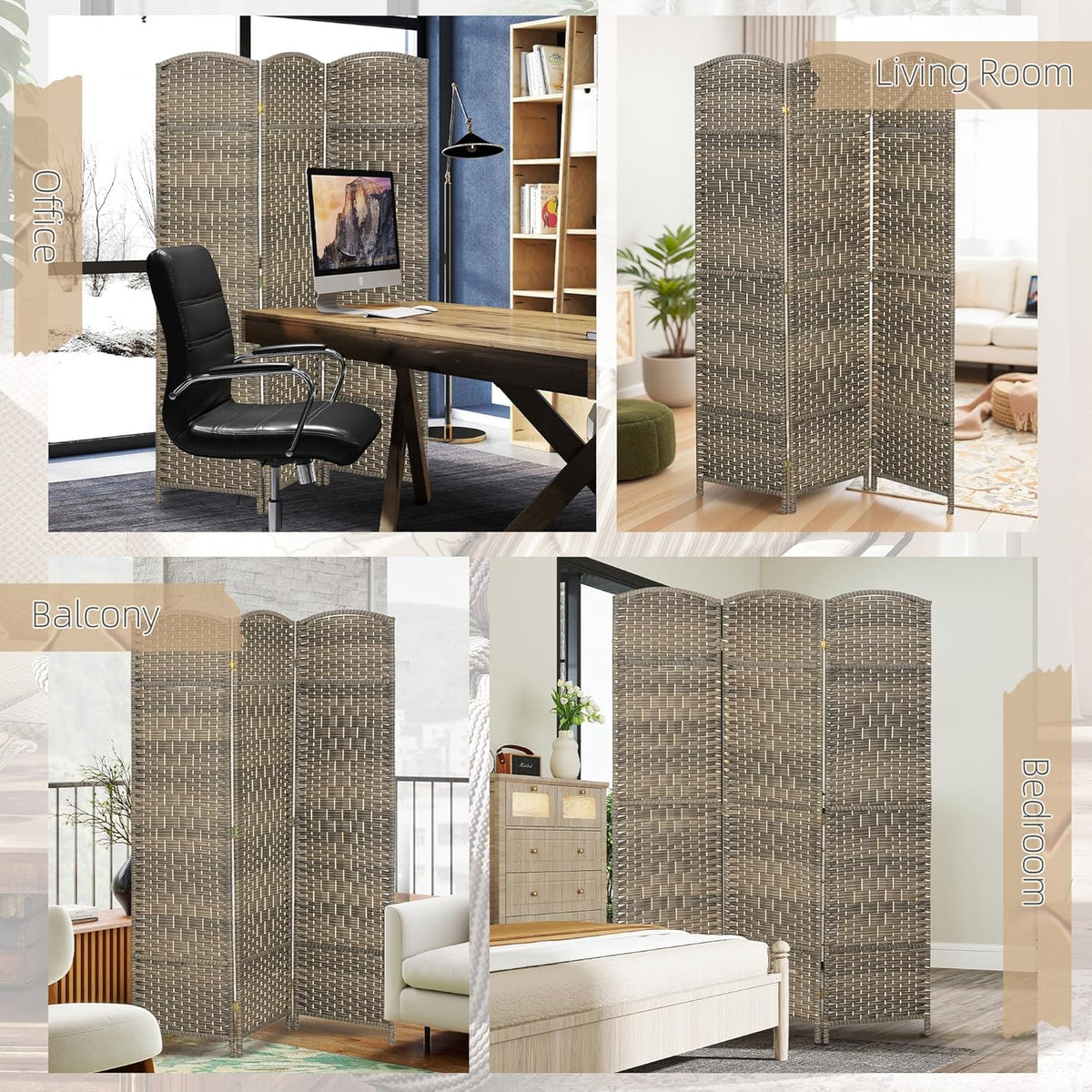 HOMCOM 3 Panel Room Divider, 6' Tall Folding Privacy Screen, Hand-Woven Freestanding Wall Partition for Home Office, Bedroom, Dark Rustic Oak