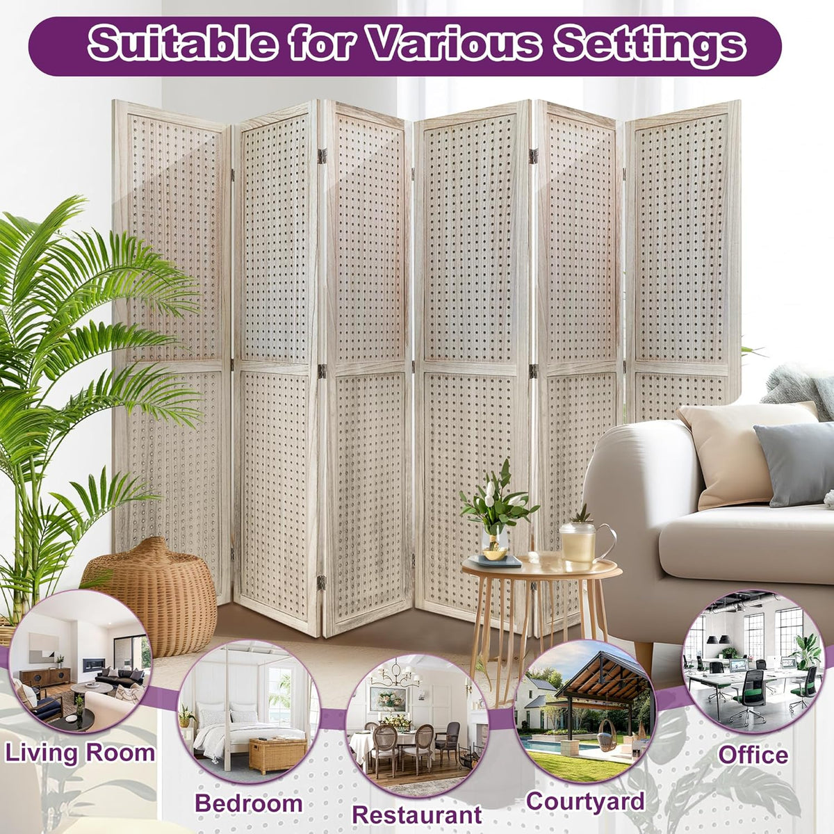 2 Pack Room Divider, 5.6FT Folding Room Divider Panel, 6 Panel Pegboard Display Wood Partition Wall Divider for Room Separation& Craft Shows, Natural Wood