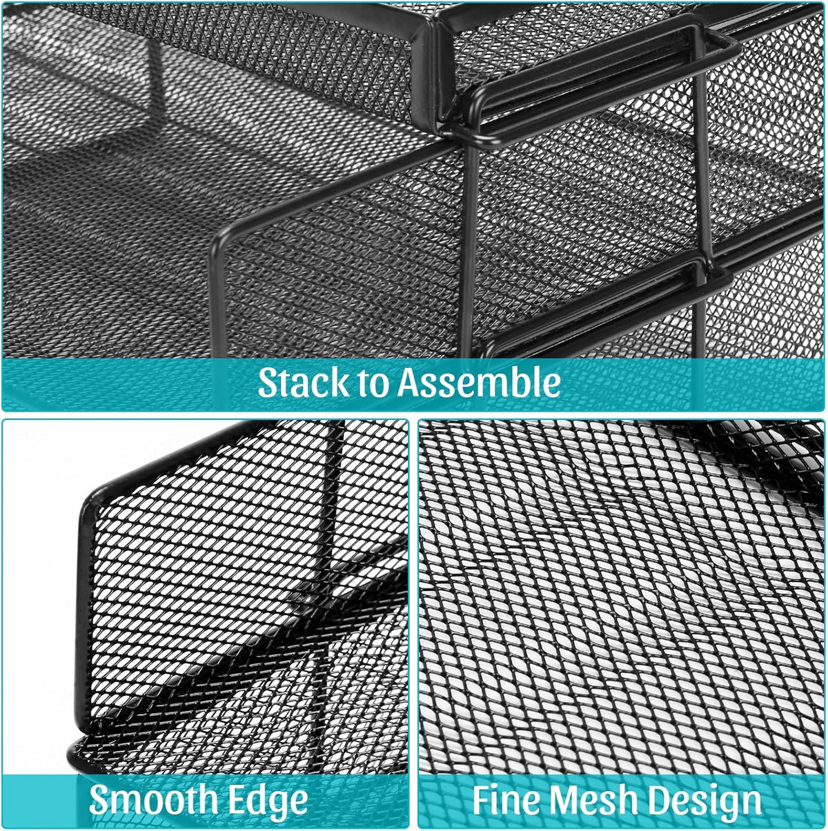 Office Drawer Organizer, 2 Tiers Stackable Paper Tray Organizer for Desk, Standing Papers File, Black Mesh/Office File Collation