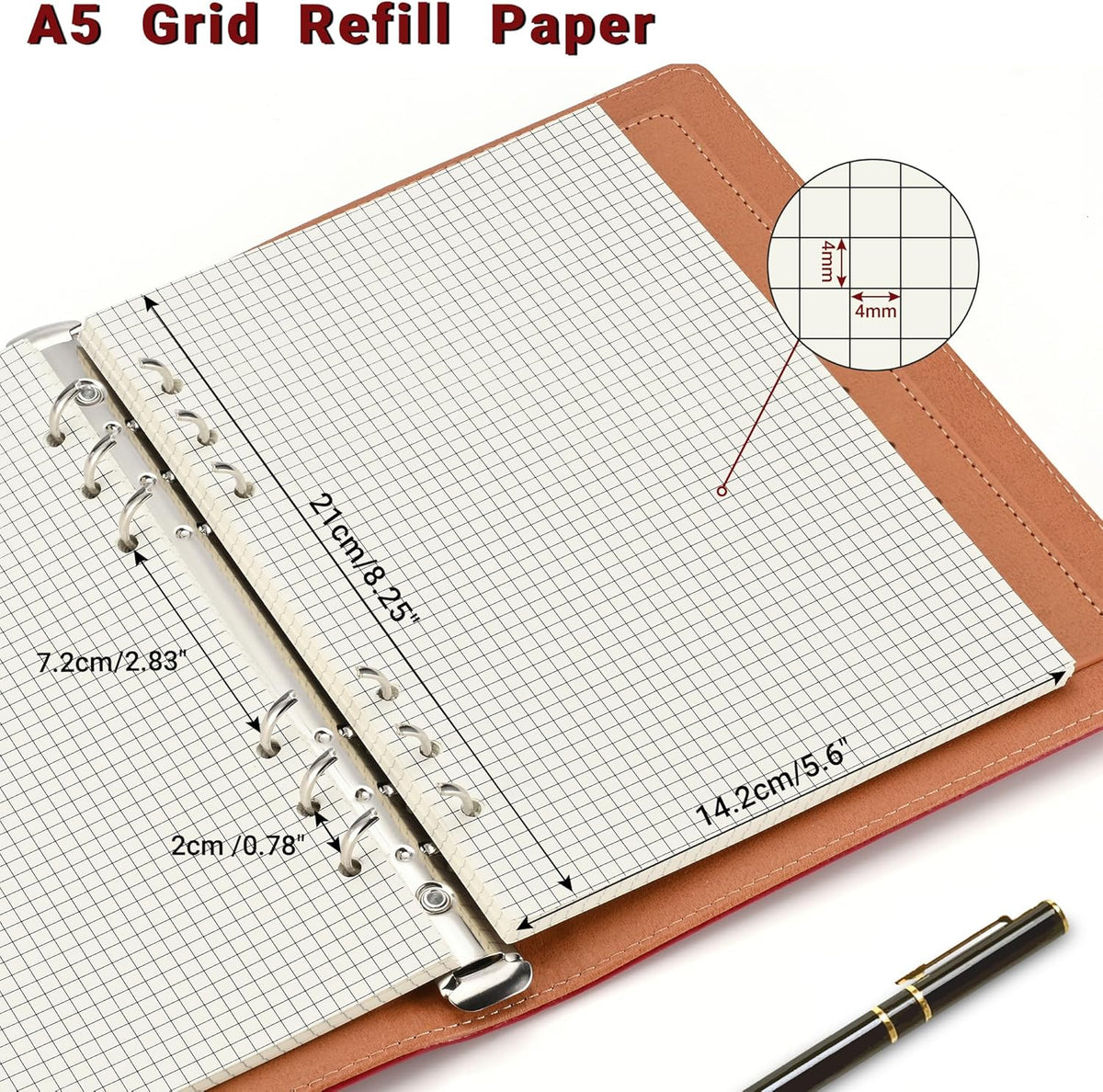 A5 Grid-Ruled Refill Paper, 100gsm Thick Beige No-Bleed Sheets (80-Pack), Pre-Punched – Fits A5 6-Ring Binders for Office, School & Teachers