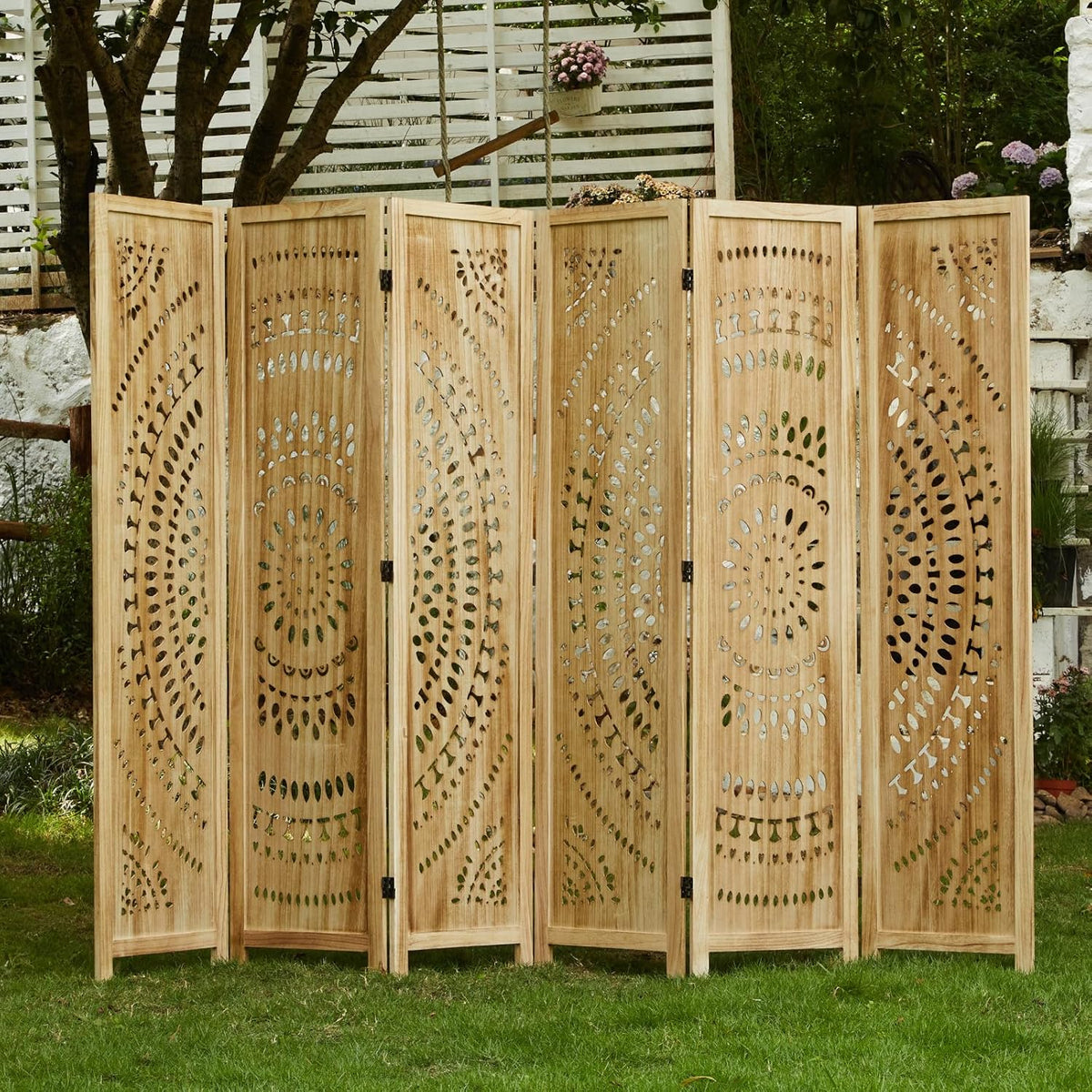 66.9Inch Folding Room Divider, 6 Panels Wood Carved Privacy Screens, Free Assembled Freestanding Partition for Home Office Restaurant Bedroom (Natural)
