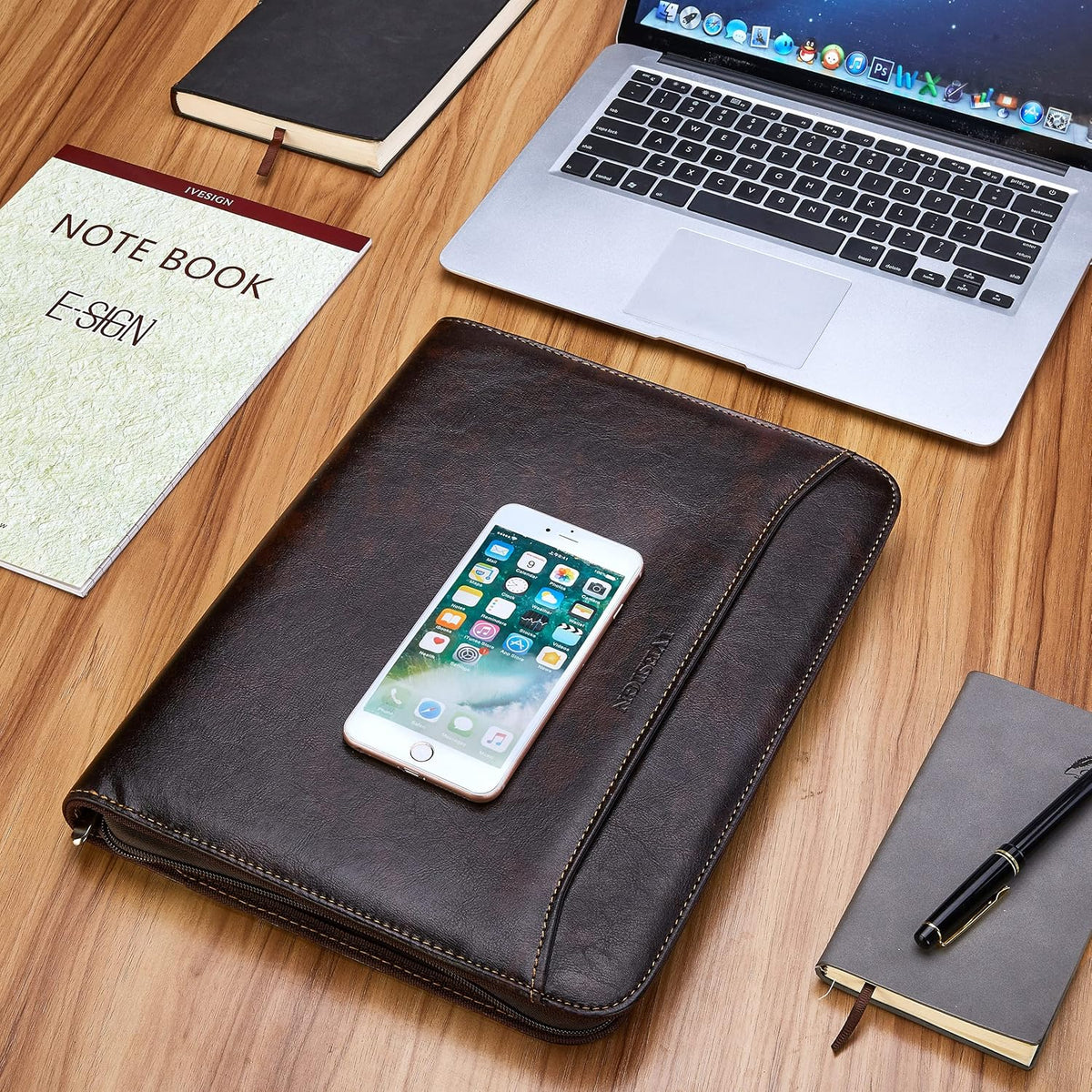 IVESIGN Zippered Padfolio Binder, Faux Leather Organizer with 3-Ring Binder, Left-Handed Design, Business Card Slots & Document Folders - Professional Padfolio for Office (Dark Brown)
