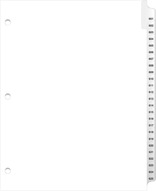 Exhibitindexes® 3 Hole Punched Side Collated Exhibit Tabs - AVE Style Bold Tabs Letter Size - 601-625-Set