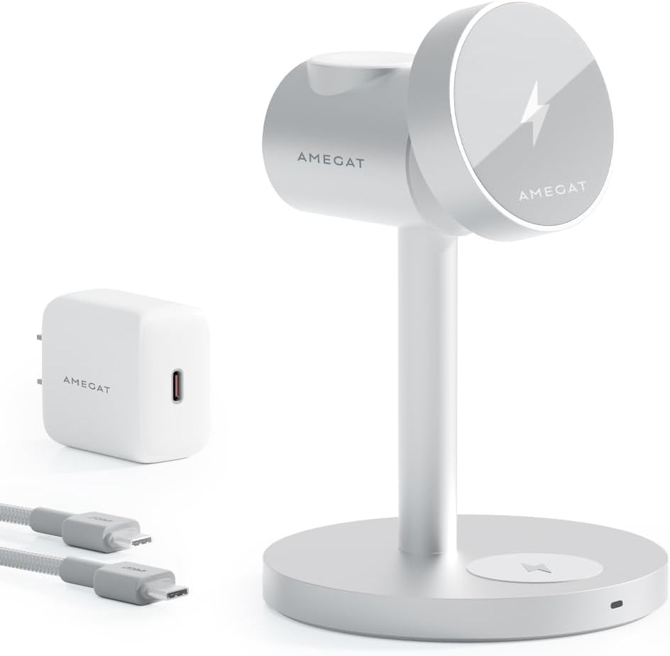 MagFusion 3-in-1 Charging Station Compatible with MagSafe, Qi2 Certified 15W Wireless Charger Stand, Magnetic Charger for iPhone 17/16/15/14/13/12 Series, Apple Watch, AirPods, Silver