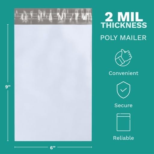 6" X 9" Poly Mailers, 200 Count White Polymailer Shipping Envelopes for Clothes 2 Mil Unpadded Waterproof Opaque Self-Seal Poly Bags with Tear/Puncture Proof Adhesive Strip