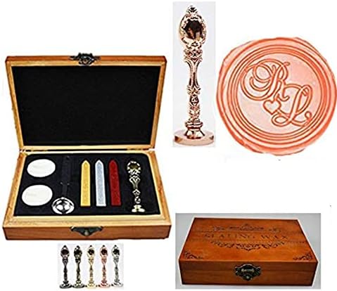 Vintage Customize Personalized Custom Monogram Initials Wedding Wax Seal Stamp Melting Spoon Stick Candle Wooden Gift Box Invitation Gift Wrap Package Custom Logo Word Sealing Wax Stamp Set