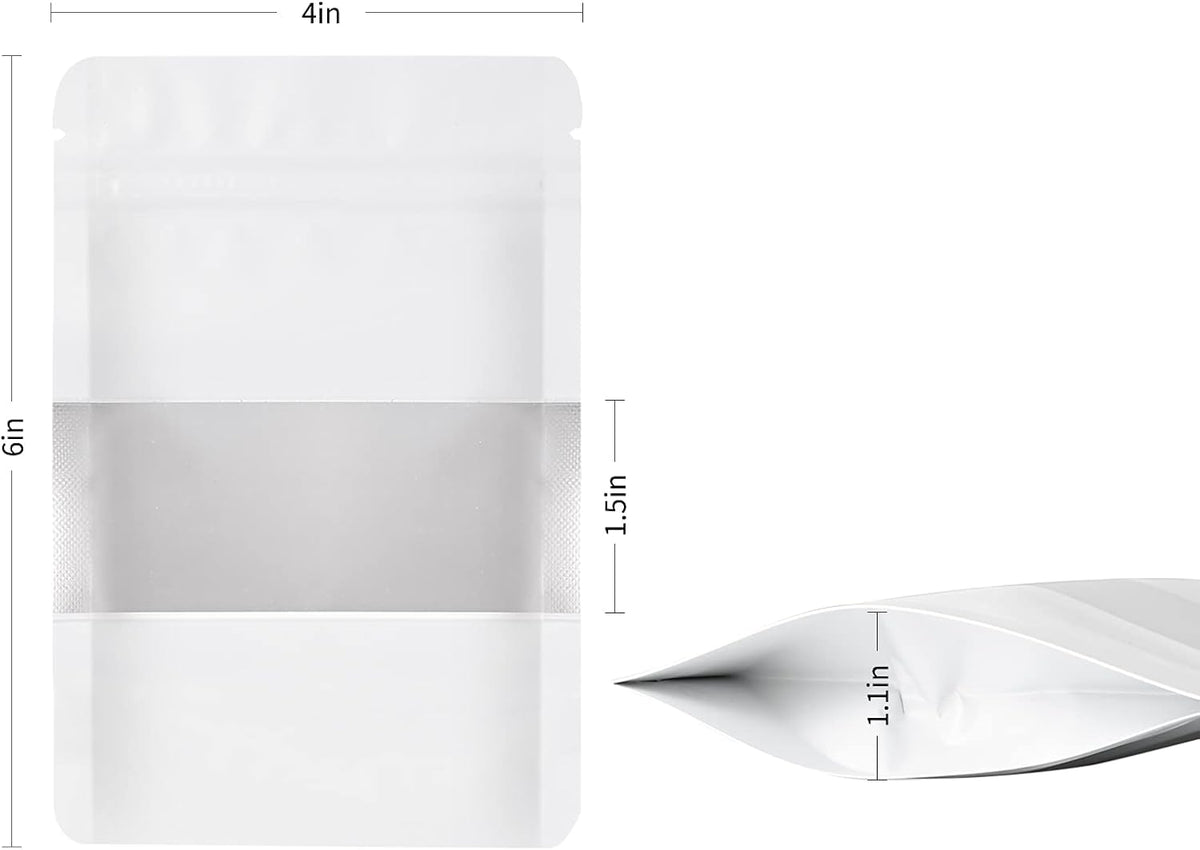 100 Pieces Smell Proof Mylar Bags, Resealable Food Storage Bags with Clear Window, Foil Pouch Stand-up Bags for Food Self Sealing Storage Supplies (White, 4 x 6 Inch)