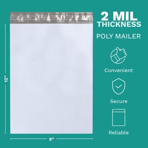 9" X 12" Poly Mailers, 100 Count White Polymailer Shipping Envelopes for Clothes 2 Mil Unpadded Waterproof Opaque Self-Seal Poly Bags with Tear/Puncture Proof Adhesive Strip