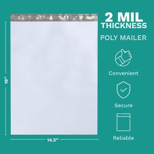 14.5" X 19" Extra Large Poly Mailers, 100 Count White Polymailer Shipping Envelopes for Clothes 2 Mil Unpadded Waterproof Opaque Self-Seal Poly Bags with Tear/Puncture Proof Adhesive Strip