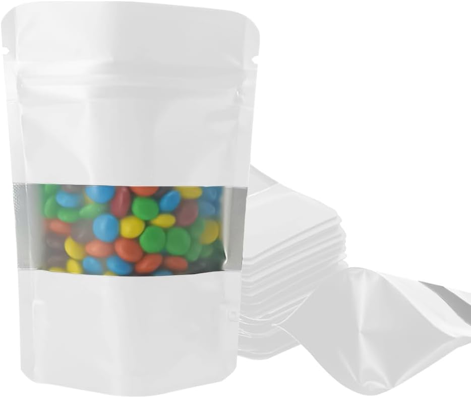 4CP 100 Pcs 3.5x5.0 Inch Zipper Smell Proof Bags with Window, Stand Up Foil Pouches for Food Selfsealing Storage, Reusable Bag for Packaging Small Business, Cookies, Nunt, Candy White