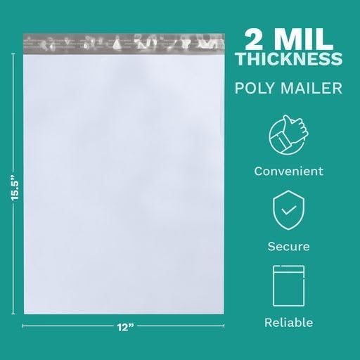12" X 15.5" Large Poly Mailers, 100 Count White Polymailer Shipping Envelopes for Clothes 2 Mil Unpadded Waterproof Opaque Self-Seal Poly Bags with Tear/Puncture Proof Adhesive Strip
