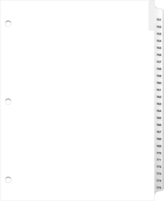 Exhibitindexes® 3 Hole Punched Side Collated Exhibit Tabs - AVE Style Bold Tabs Letter Size - 751-775-Set