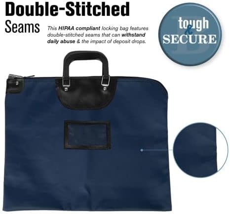 BankSupplies HIPAA Locking Courier Bags with Handles | Navy Blue | 19W x 15H | Durable Laminated Nylon Fabric | Metal Pop Up Lock | For Money, Coins, Currency, Checks & Documents