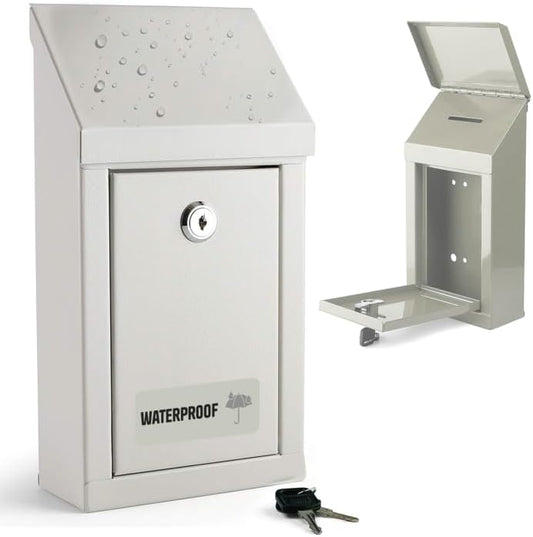 Metal Donation Box-Suggestion Box with Slot and lock-Cash Lock box for Money-Drop Box-Outdoor Waterproof Mailbox and ballot box-comes with pre-drilled holes for easy wall mounting 10 X 6 X 2.5"(White)