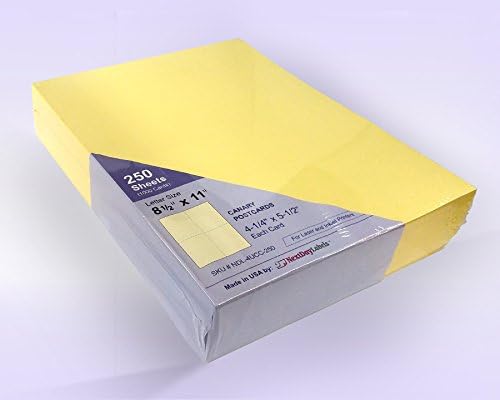 NextDayLabels - 8-1/2" x 11" Laser/Inkjet Postcards 4 Per Page, (4-1/4" x 5-1/2" Each Card | Canary, 1000 Cards)