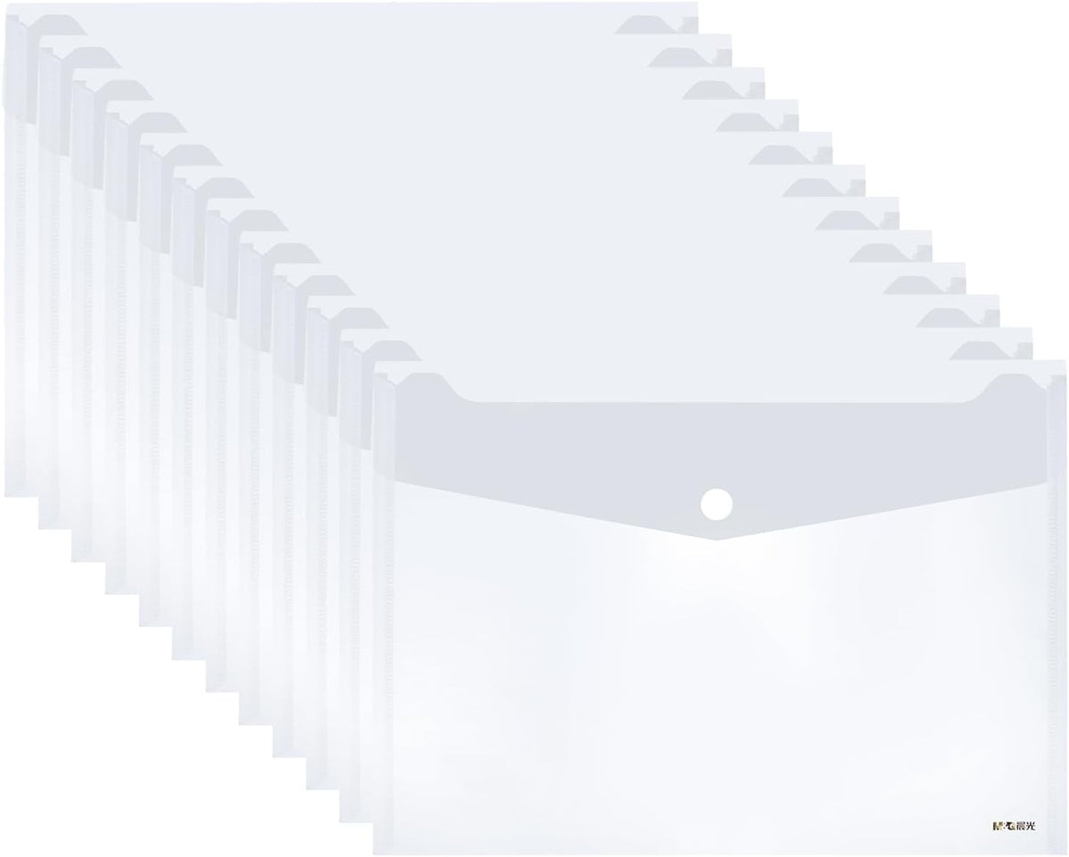 M&G 12 Pack Plastic Envelopes File Folders, Clear Folders for Documents A4 Letter Size Poly Envelopes with Snap Button Closure, Use for School Home Office Suppiles Organizer