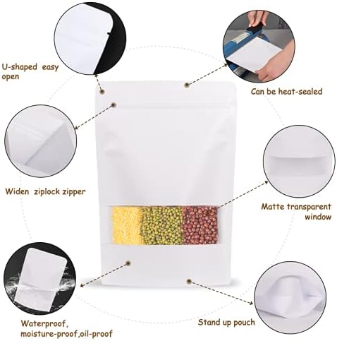 100pcs Kraft Bags with Window 4.7x7.8 Inches White Reusable Sealable Zip Lock Food Storage Stand up Paper Pouches for Home or Business