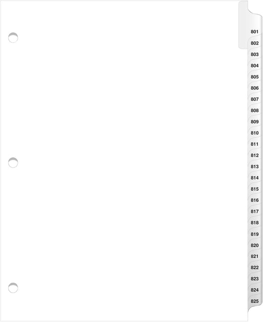 Exhibitindexes® 3 Hole Punched Side Collated Exhibit Tabs - AVE Style Bold Tabs Letter Size - 801-825-Set