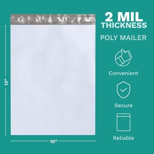 10" X 13" Large Poly Mailers, 100 Count White Polymailer Shipping Envelopes for Clothes 2 Mil Unpadded Waterproof Opaque Self-Seal Poly Bags with Tear/Puncture Proof Adhesive Strip