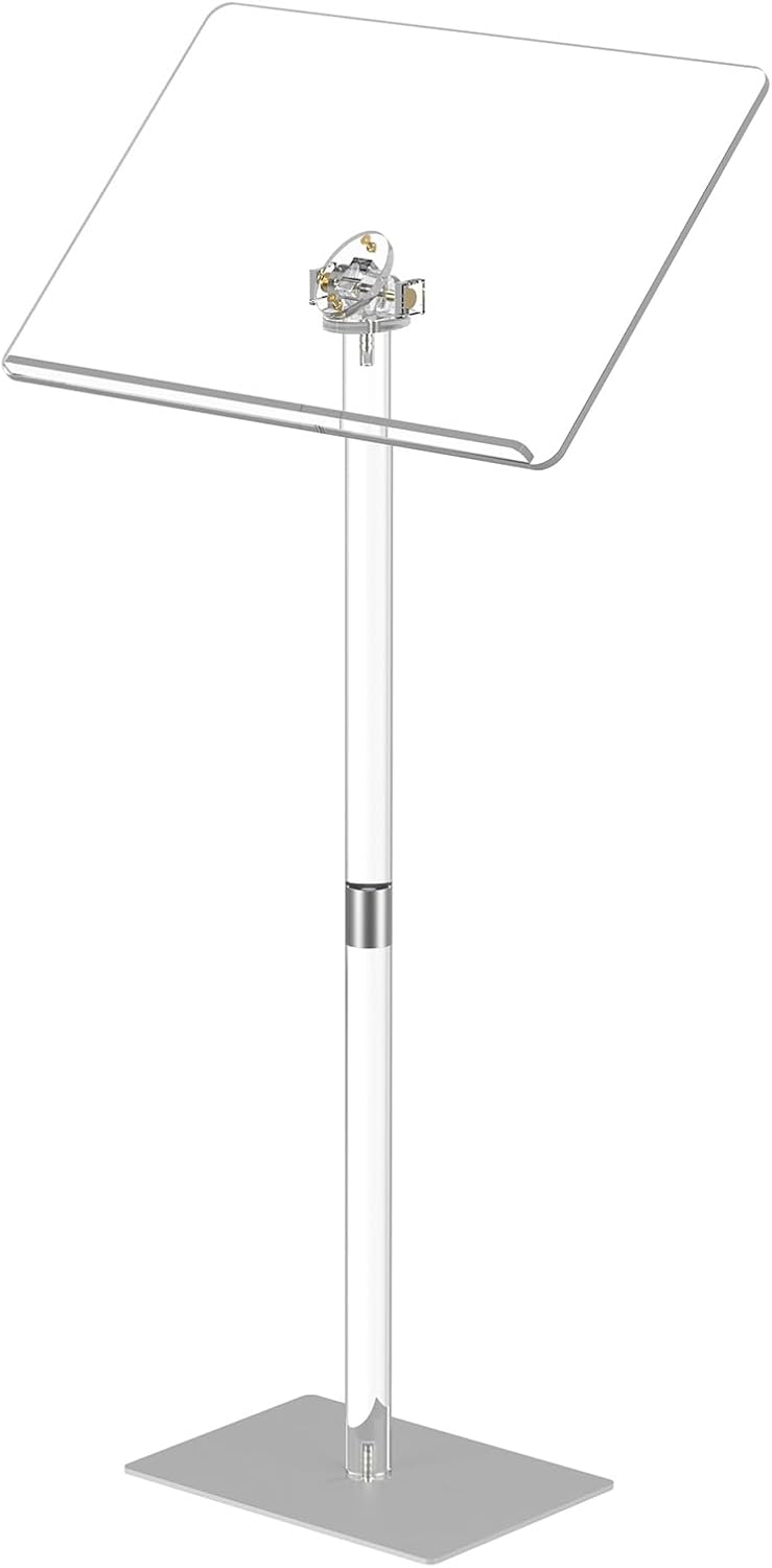 HMYHUM Acrylic Podium Stand, Angle Adjustable, Modern Lecterns & Pulpits for Classroom, Concert, Church, Speech, Easy Assembly, Metal Base, 23.6" L x 15.7" W x 42.3" H, Clear