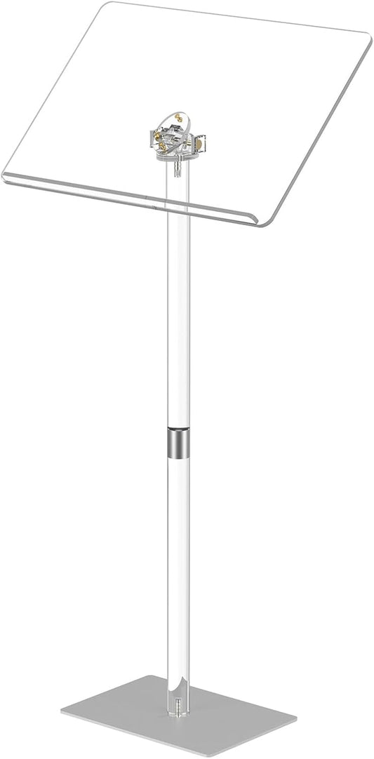 HMYHUM Acrylic Podium Stand, Angle Adjustable, Modern Lecterns & Pulpits for Classroom, Concert, Church, Speech, Easy Assembly, Metal Base, 23.6" L x 15.7" W x 42.3" H, Clear