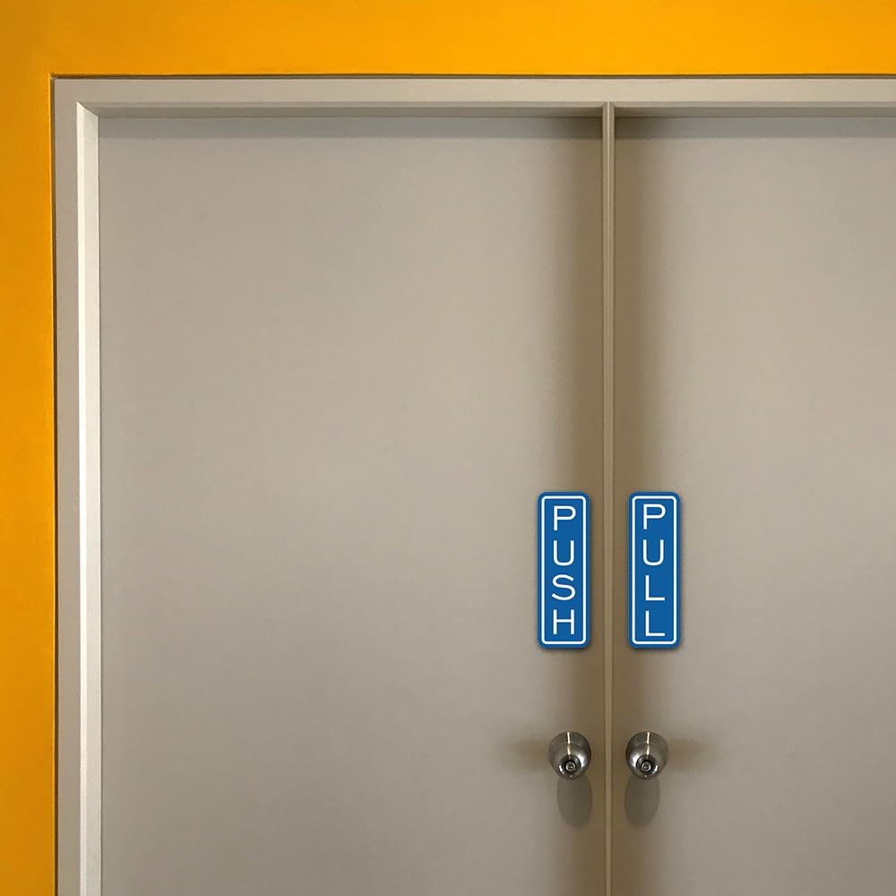 All Quality Classic Vertical Push Pull Door Signs - Great for Glass Doors | Professional Looking Signs | Easy Installation Includes Double-Sided Foam Adhesive Tape (Blue) - Large (5 Pack)