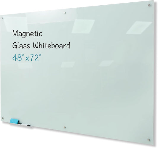 Magnetic Glass Whiteboard, 48"x72" Frameless Dry Erase Board White Board Surface Wall Mounted for Office, Classroom & Home