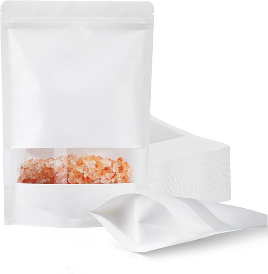 FireKylin 100 Pcs White Paper Bags with Window, 6.3/inch x 8.6/inch Stand Up Pouches Bag, Zipper Food Storage Bags for Packaging Products, Reusable, Sealable