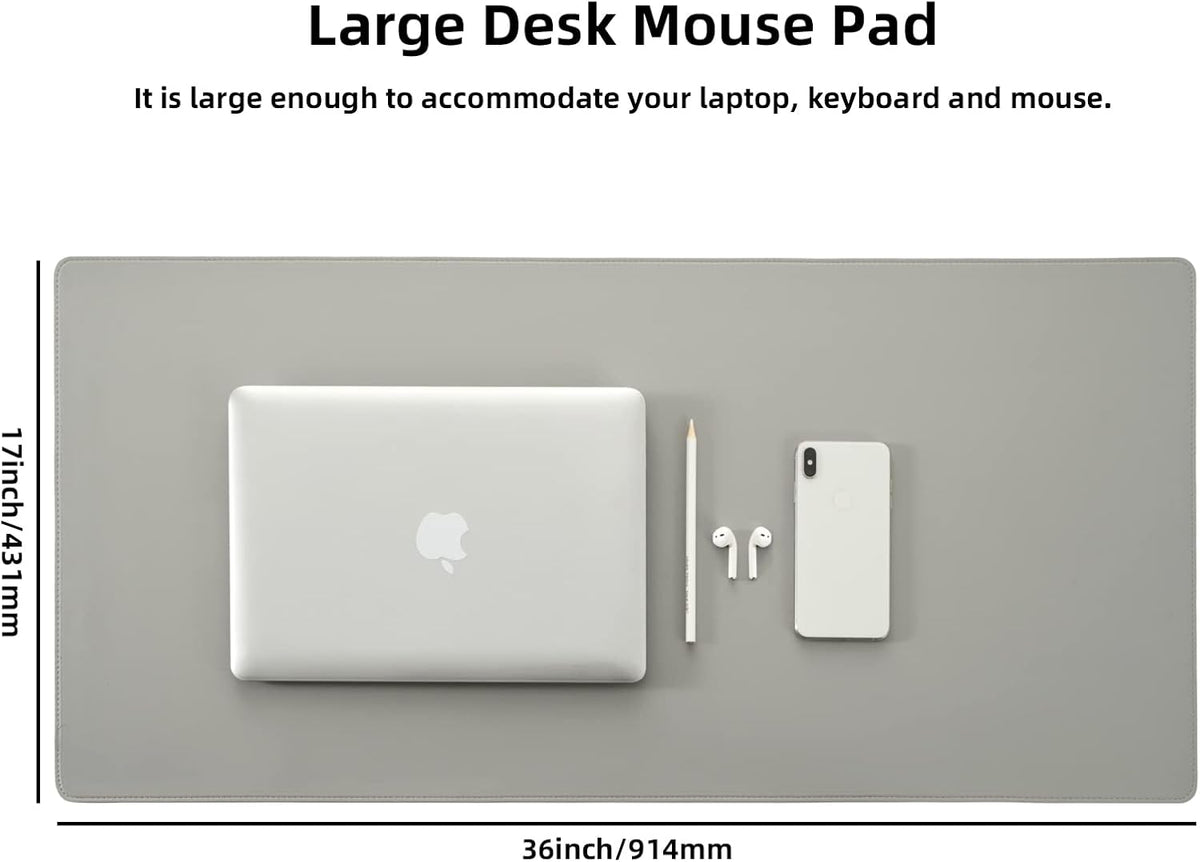 PU Leather Desk Pad Blotter,Light Grey Waterproof Office Desktop Mat,36x17in Non-Slip Large Mouse Pad/Writing Protector/Desk Accessories