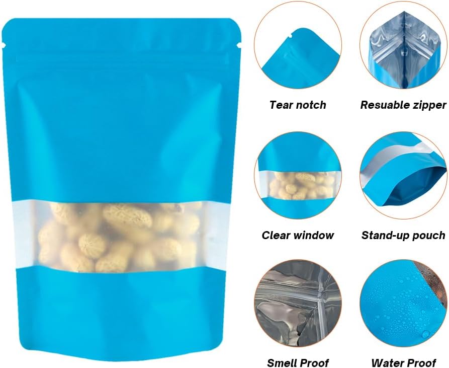 4CP 100 Pcs Blue Zipper Smell Proof Bags with Window, 5.5x7.9 Inch Stand Up Foil Pouches for Food Selfsealing Storage, Reusable Bag for Packaging Small Business, Cookies, Nunt, Candy
