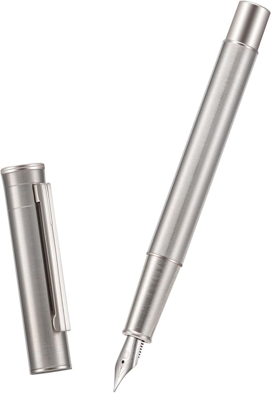 Hongdian 1861 Stainless Steel Fountain Pen Fine Nib, Classic Design Smooth Writing Pen with Converter and Metal Pen Case Set
