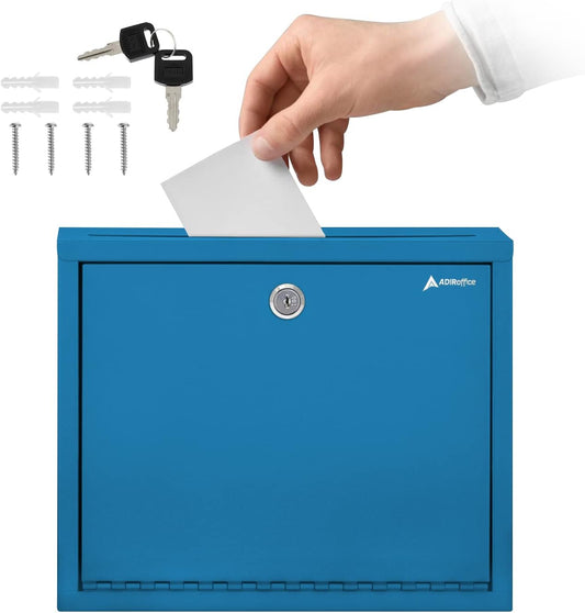 Adir Metal Suggestion Box with Lock and Slot, Wall Mount Deposit Box for Payments and Checks, Office Mail Box for Employees, Mailbox for House, Safe Drop Box with Keys - 3x10x12 Inch Blue