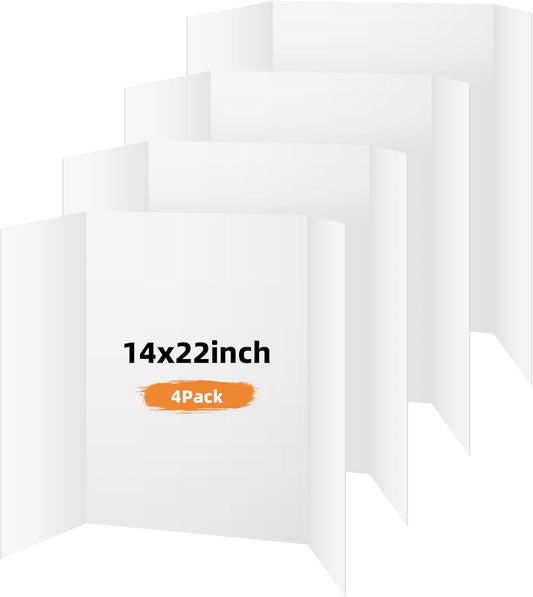 4 Pack Trifold Poster Board, 14x22 Inches White Presentation Board, Portable Display Board for Science Fair, School DIY Project and Business Exhibitions