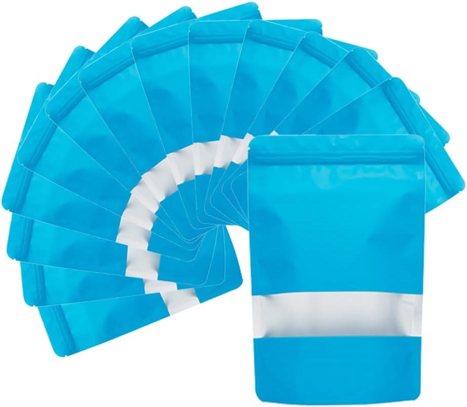4CP 100 Pcs Blue Zipper Smell Proof Bags with Window, 7.0x10.5 Inch Stand Up Foil Pouches for Food Selfsealing Storage, Reusable Bag for Packaging Small Business, Cookies, Nunt, Candy
