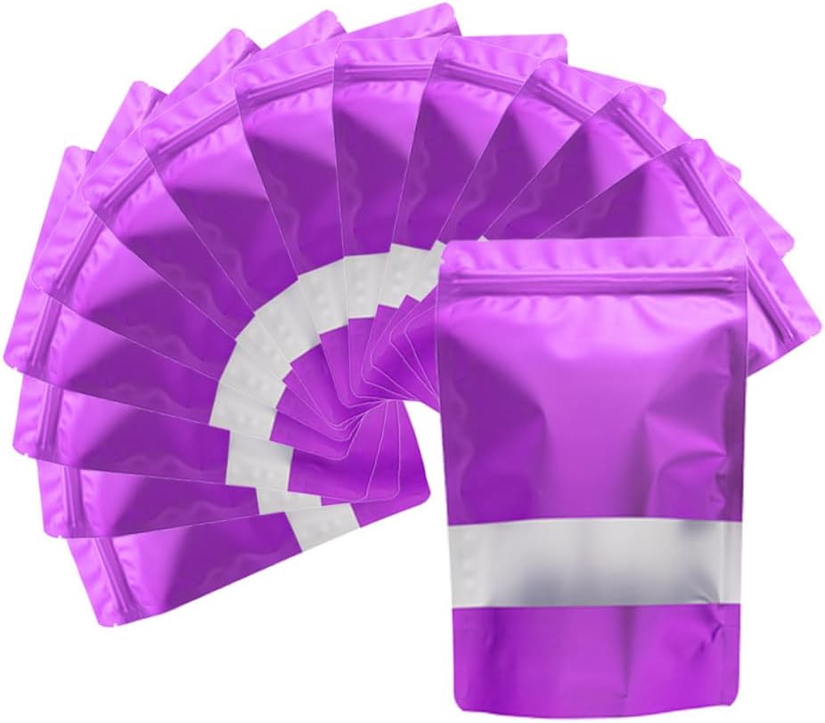 4CP 100 Pcs 4.0x6.0 Inch Zipper Smell Proof Bags with Window, Stand Up Foil Pouches for Food Selfsealing Storage, Reusable Bag for Packaging Small Business, Cookies, Nunt, Candy Purple