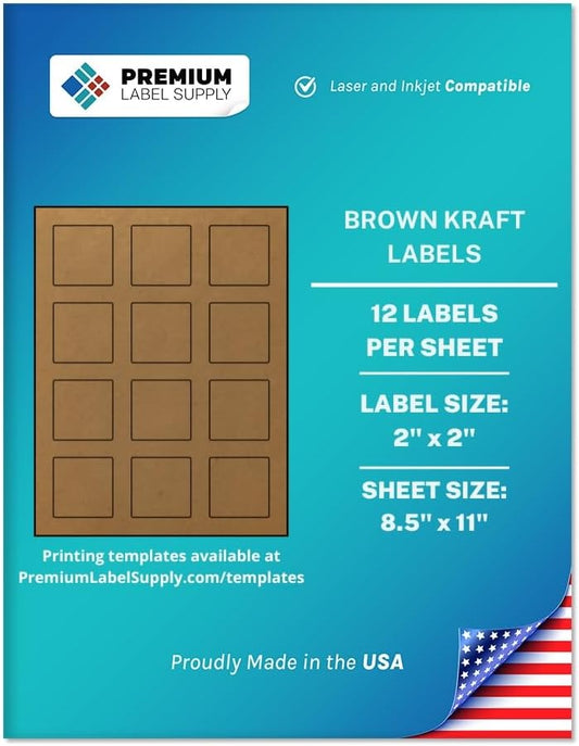 Premium Label Supply Brown Kraft Sticker Square Labels with Bleed – 2" x 2" – Laser/Inkjet Compatible – (12 per Sheet), 25 Sheets – 300 Total Adhesive Labels