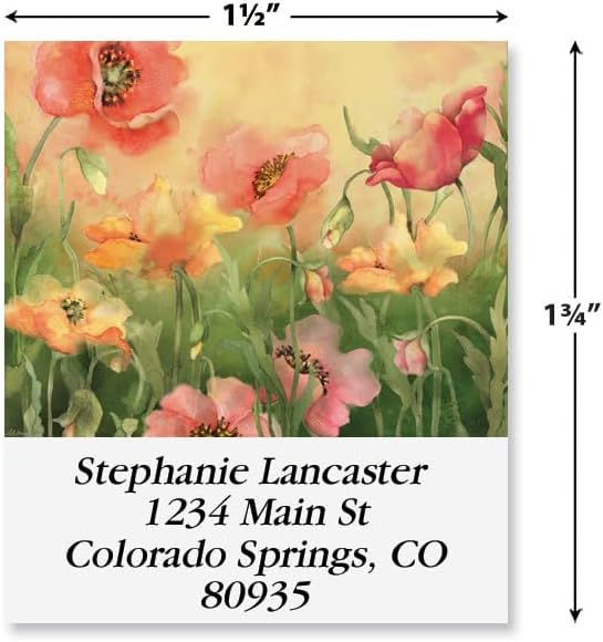 Colorful Images Poppies Floral Return Address Mailing Labels, Personalize with Name & Address, Set of 144 Self Adhesive, Easy Peel Flat Label Sheets, Square, 3 Designs